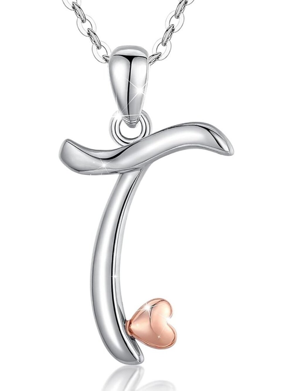 Women's Initial T Necklace Sterling Silver Letter Pendant Rose Gold Heart Chain